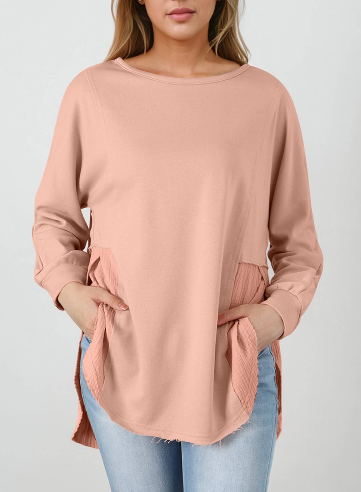 Lovesoft - Wholesale Tunic - Women's - Crinkle Splicing Raw Hem High Low Oversized Blouse4