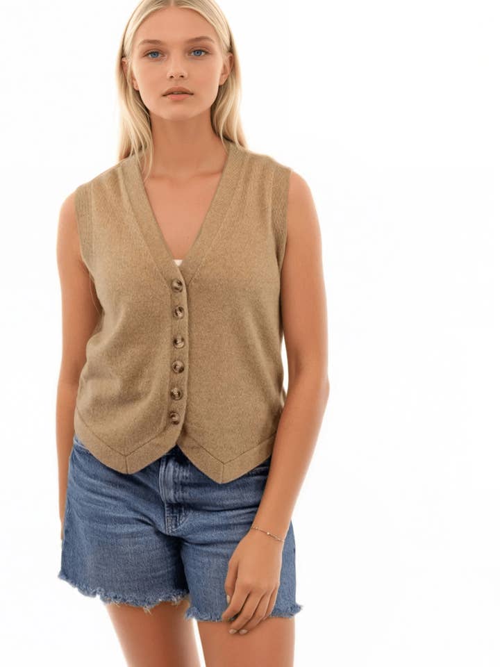 100% Kasjmier Boyfriend Knopen Vest Trui Breiwerk voor wholesale door Subtle Luxury