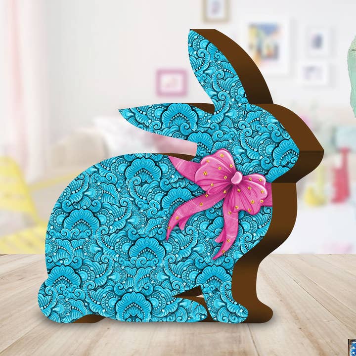 Figurine de lapin bleu matelassé avec nœud | Printemps de Pâques pour la vente par Designocracy