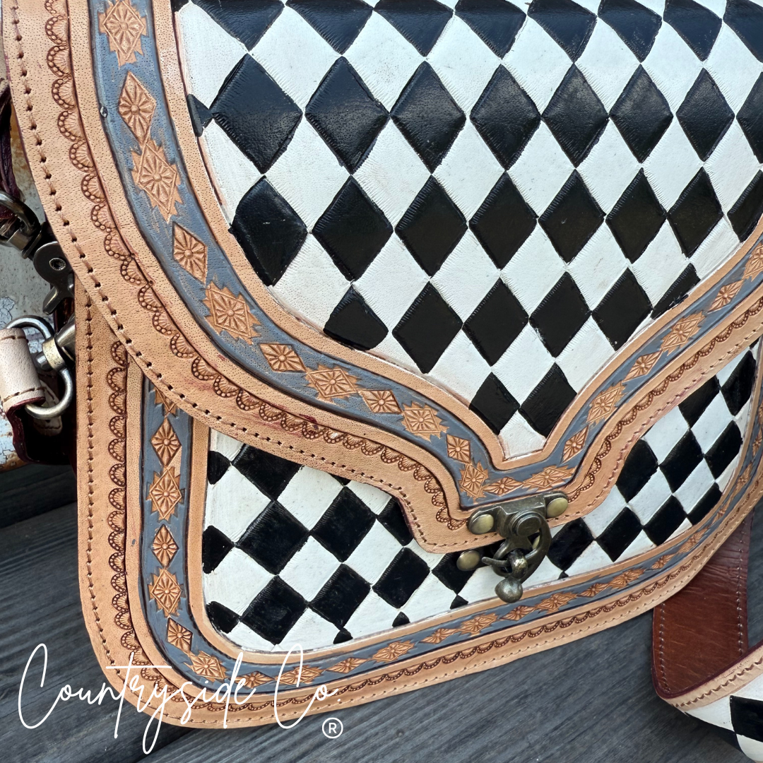 Texas Western Cowhide Bags and More - Wholesale Shoulder Bag - Women's - Zadie Tooled Leather Checkered Handbag, Hand Painted1