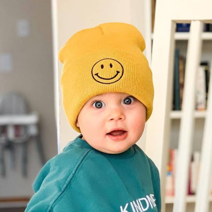 Child Beanie - Smiley Face - Mustard w/ Black and other Purchase Wholesale smiley face beanie. Free Returns & Net 60 Terms on Faire trending on Faire.
