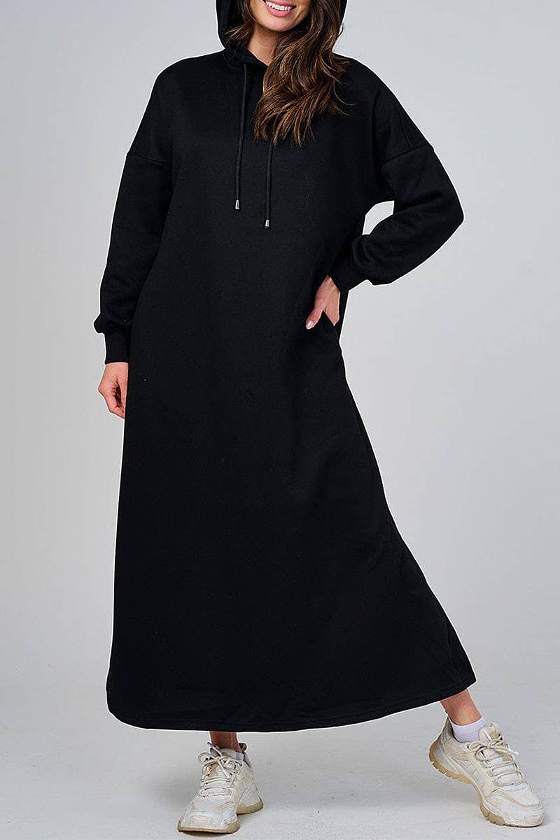 ROUSSEAU - Wholesale Dress - Women's - SOLID LONG SLEEVE HOODED POCKET FRONT MAXI DRESS