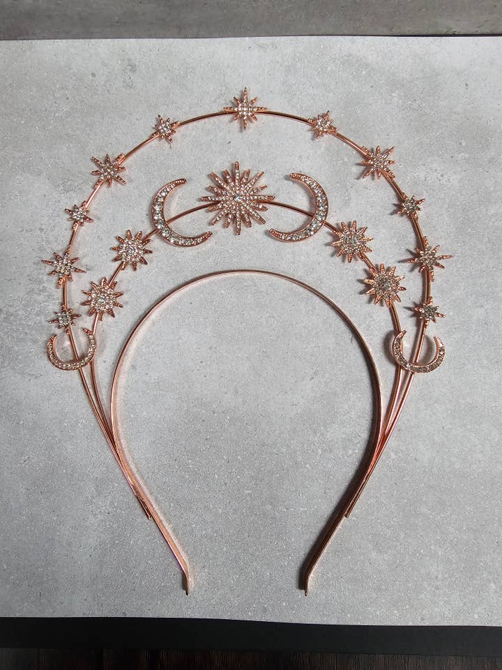 Sun Moon Stars Goddess Crown Halo Headband, Boho Headpiece for wholesale by Happy Dream Gifts