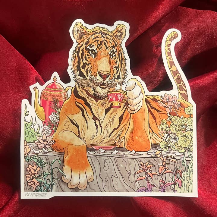 TIGER DRINKING TEA Waterproof STICKER for wholesale by Castle McQuade