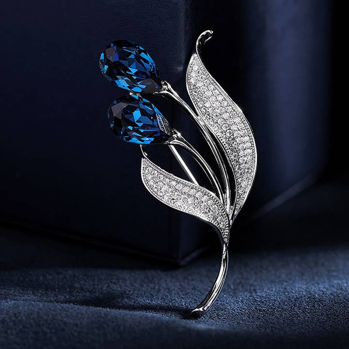 Gaia Fashion Inc - Wholesale Brooch - Fashion Corsage Button Pin Blue Zircon Crystal Tulip Brooch0