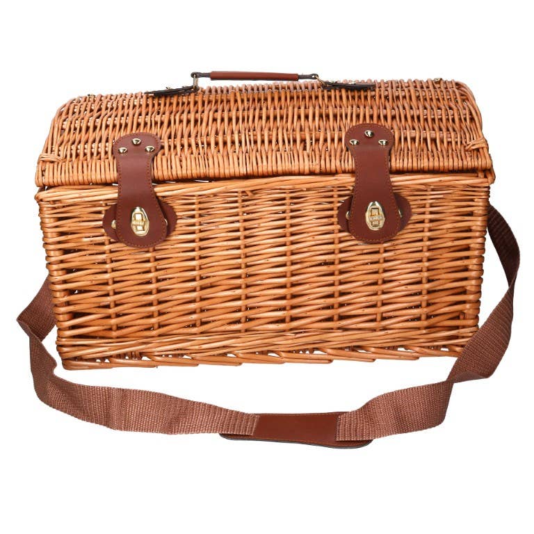 Natural Cesta de picnic bombé rectangular de mimbre con correa para el hombro de venta al por mayor en Faire11