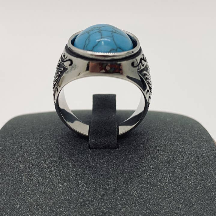 Mio Queena - Wholesale Signet Ring - Men's Stainless Steel Engraved Ring with Black Stone - MJ/MR3