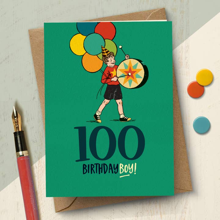 YAH100 100 Birthday boy, 100th birthday card for him for wholesale by The Typecast Gallery