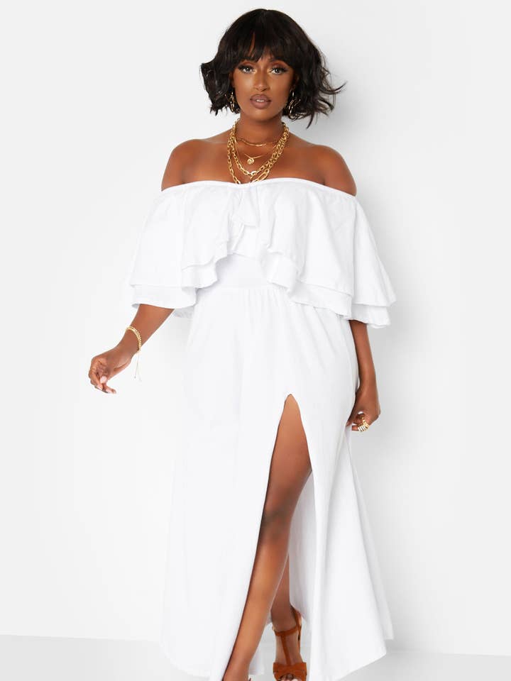 Rock The Boat Ruffle Over The Shoulder Side Slit Skater Maxi Dress for wholesale by REBDOLLS