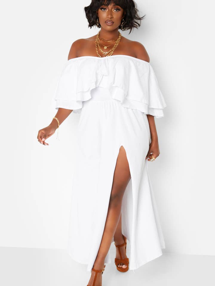White Rock The Boat Ruffle Over The Shoulder Side Slit Skater Maxi Dress for wholesale on Faire