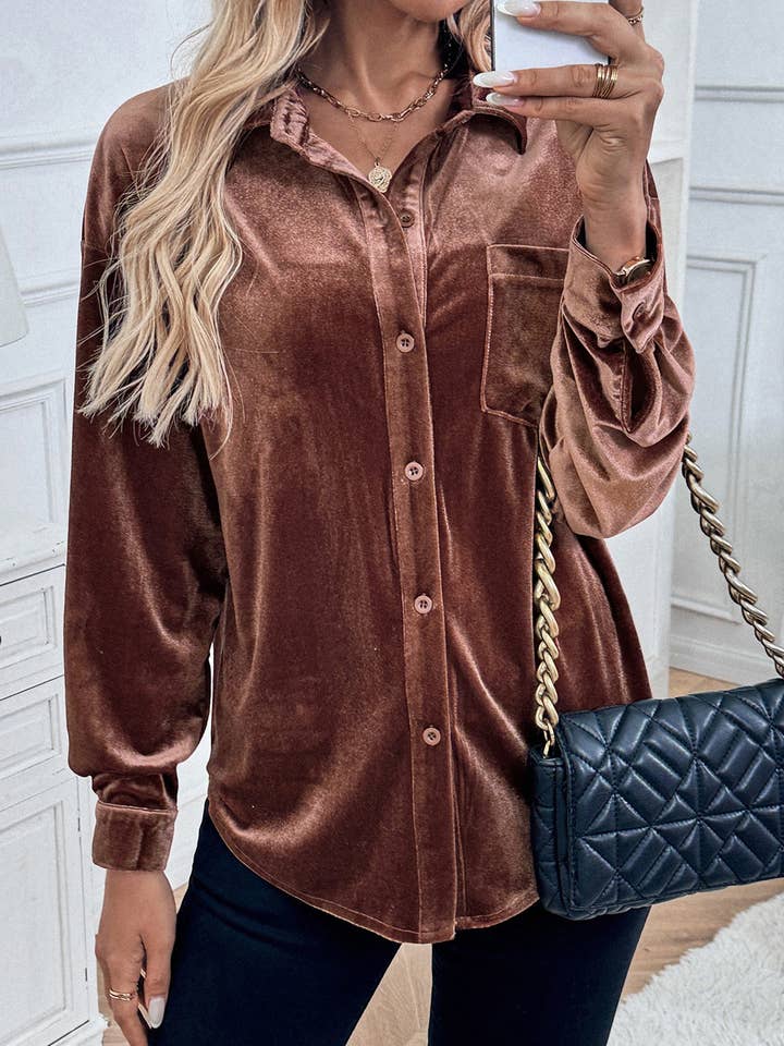 Coffee Retro Velvet Pocket Lapel Shirt for wholesale on Faire