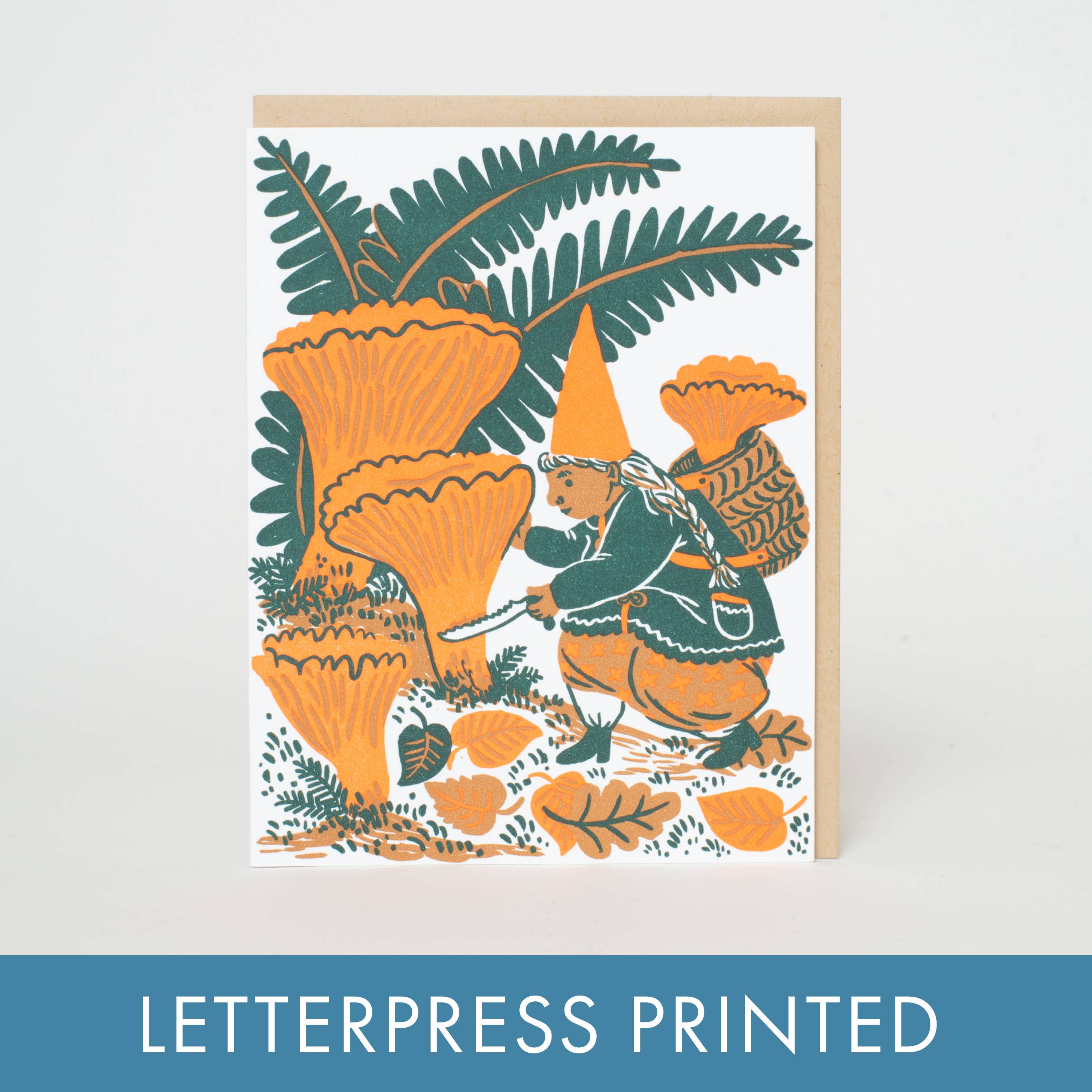 Egg Press Manufacturing - Wholesale Everyday Greeting Card - Mushroom Picking Gnome Letterpress Greeting Card by Phoebe Wahl