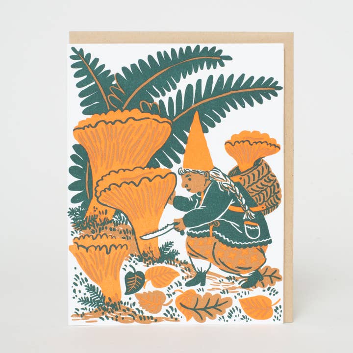 Egg Press Manufacturing - Wholesale Everyday Greeting Card - Mushroom Picking Gnome Letterpress Greeting Card by Phoebe Wahl0
