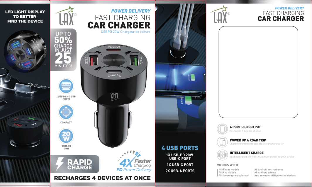 LAX Gadgets - Wholesale Portable Charger - LAX USBPD 4 Port Car Fast Charger with Retail Pack10