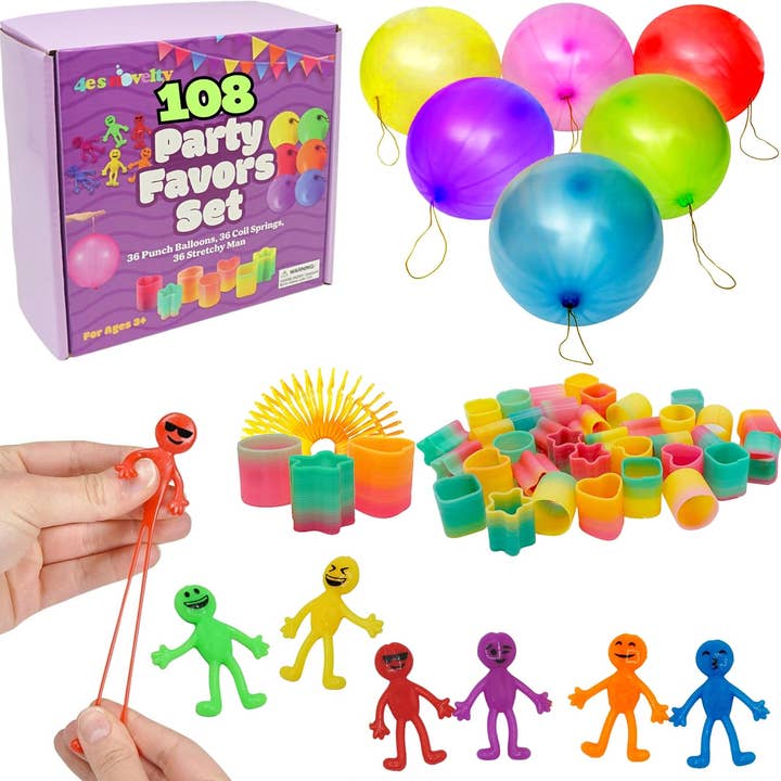 4E's Novelty - Wholesale Party Favor - 4E’s Novelty 108 Pcs Party Favors for Kids 8-12 – Punch Balloons, Coil Springs, Stretchy Men, Bulk Set