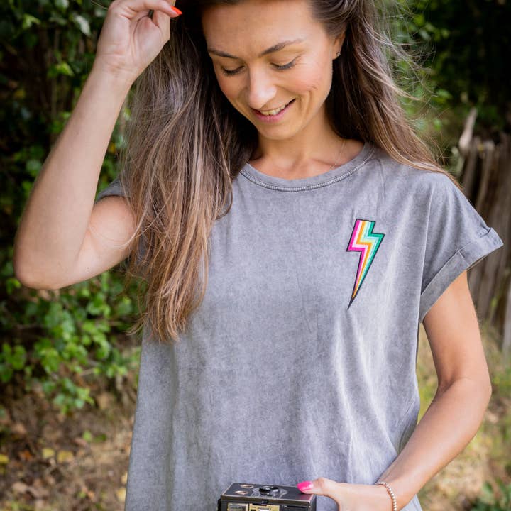 Acid Wash Grey T Shirt with Embroidered Bolt for wholesale on Faire
