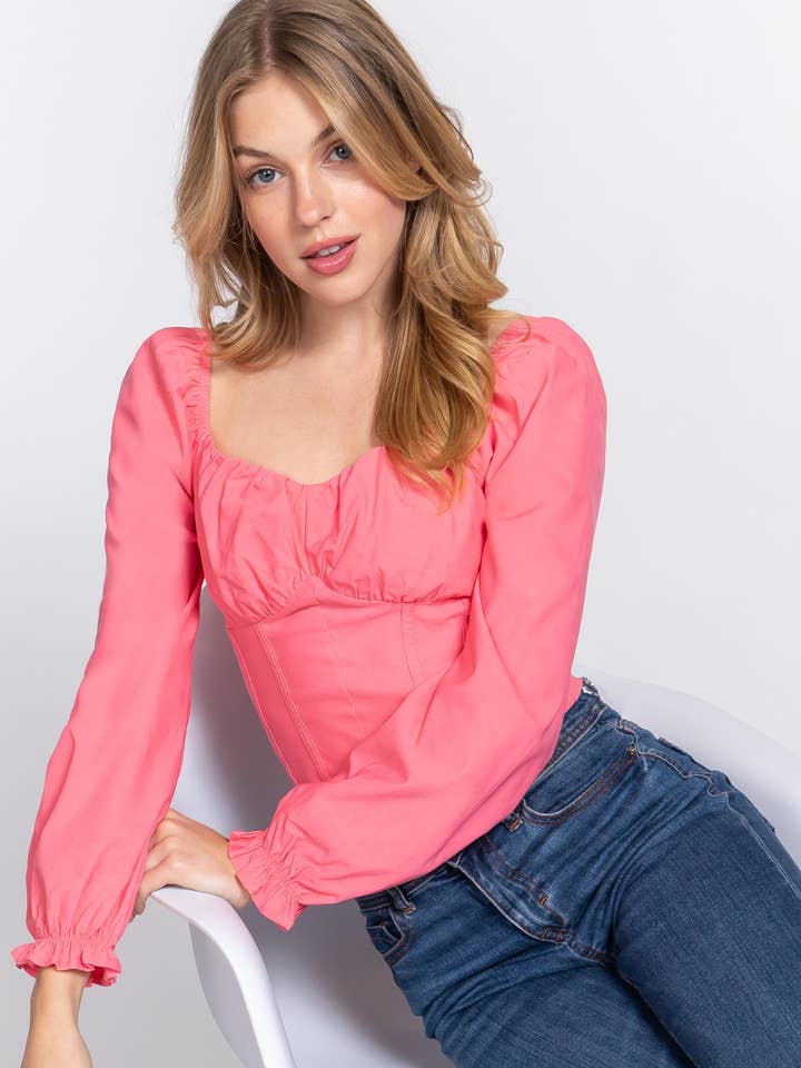 Active Basic | Active USA - Wholesale Blouse - Women's - Long Sleeve Sweetheart Neckline Stretch Bustier Top
