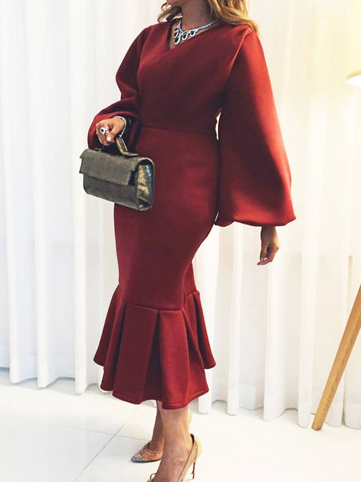 Aria Romance - Wholesale Dress - Women's - V-Neck Long Sleeve Fishtail Maxi Dress8