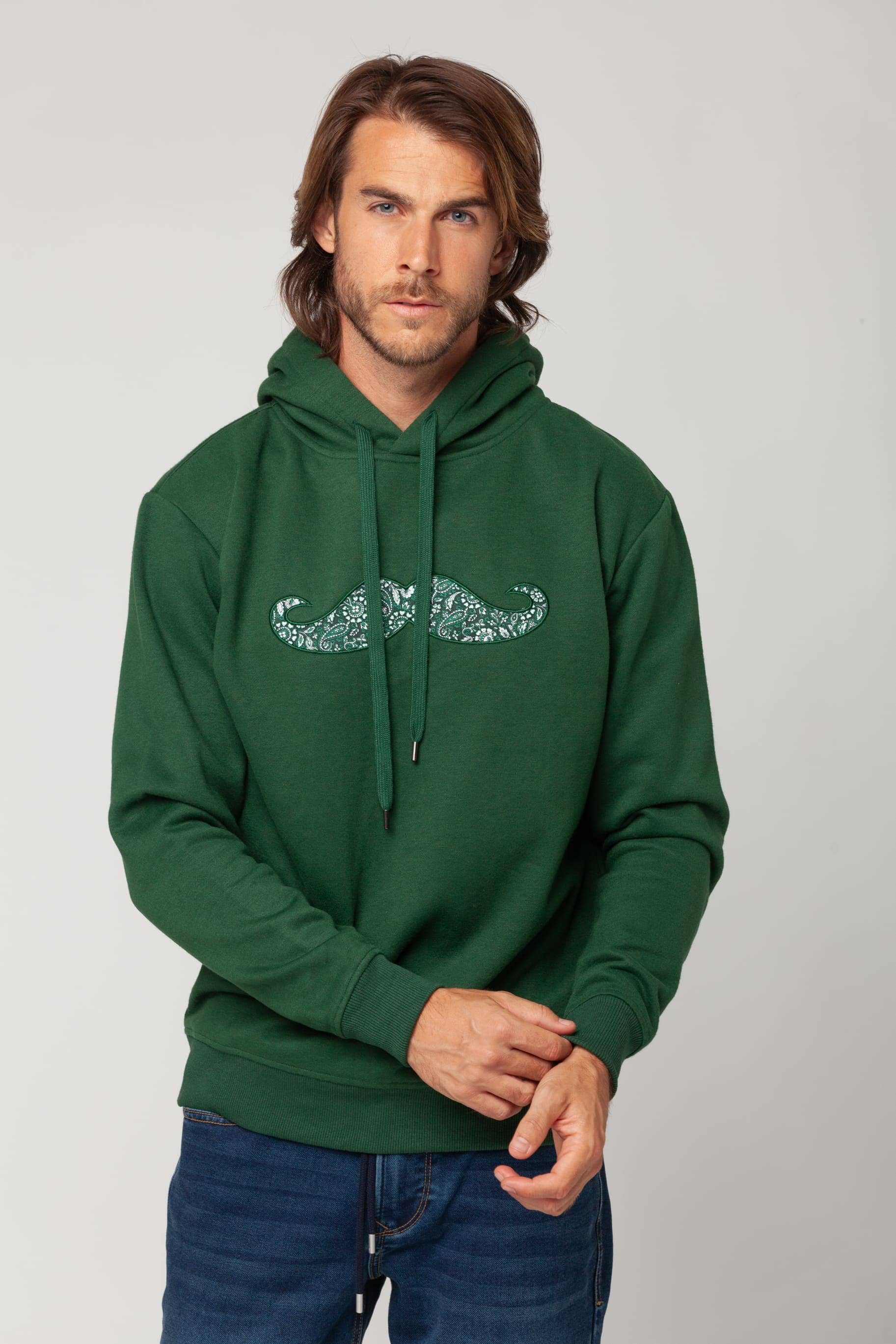 Green Hoodie with Mustache Logo Cantera model for wholesale on Faire2