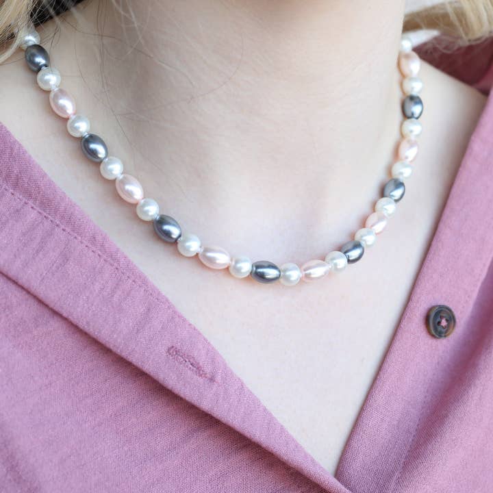 Large White Grey Round Oval Pearl Necklace and Earring Set for wholesale by The Colourful Aura