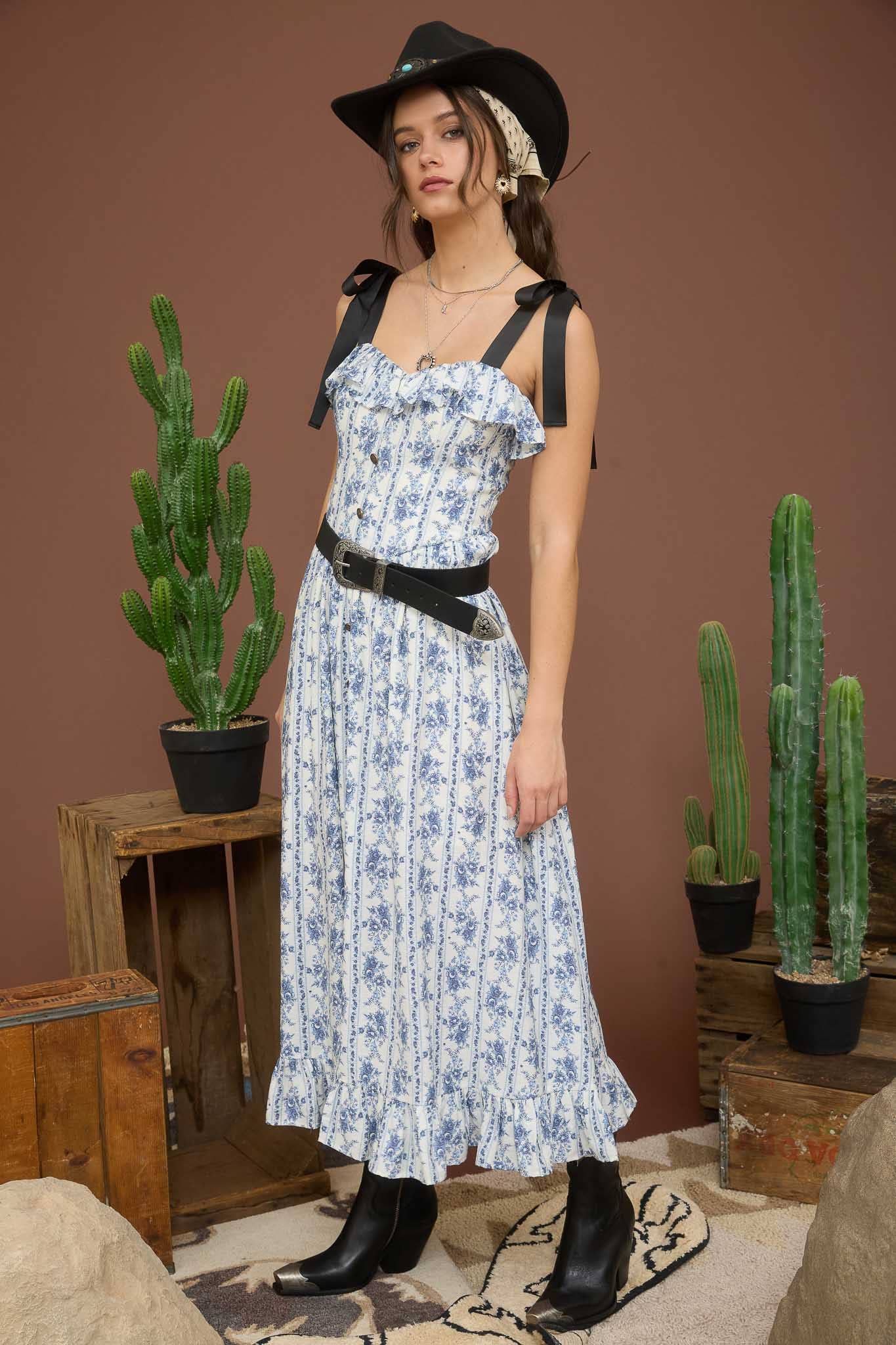 Blu Pepper - Wholesale Dress - Women's - STRIPE FLORAL RUFFLE DETAIL BUTTON DOWN MIDI DRESS2