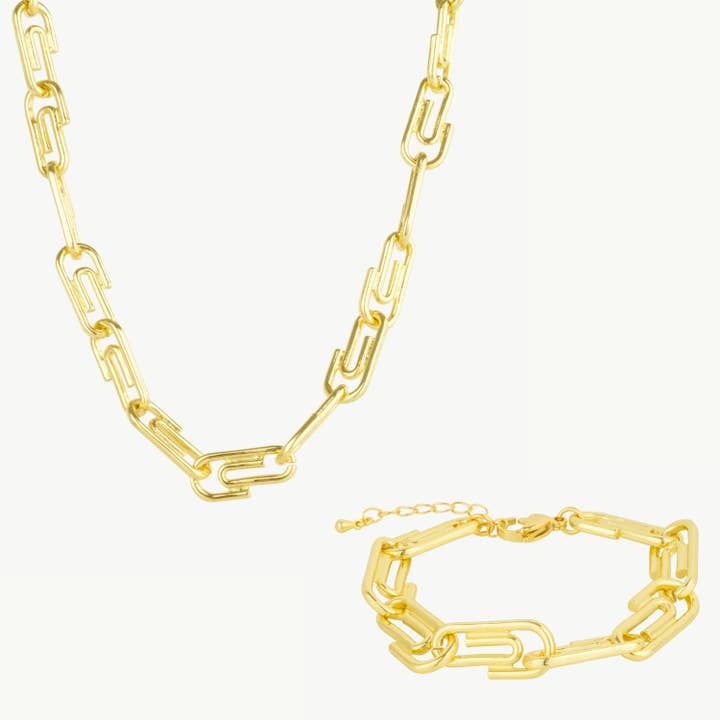 Paperclip Chain Gold Designer Necklace and Bracelet Set for wholesale by Mejoma