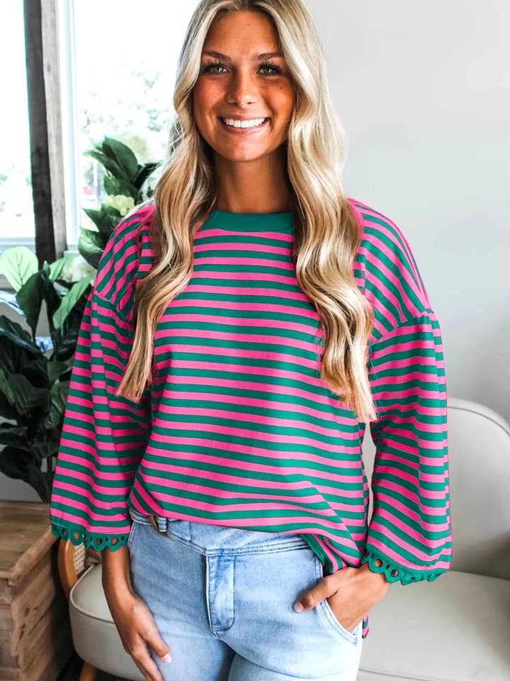 Lovesoft - Wholesale Blouse - Dames - Zwart Gestreept Print Drop Shoulder Kant Afgewerkt Armband Mouw Losse Top16