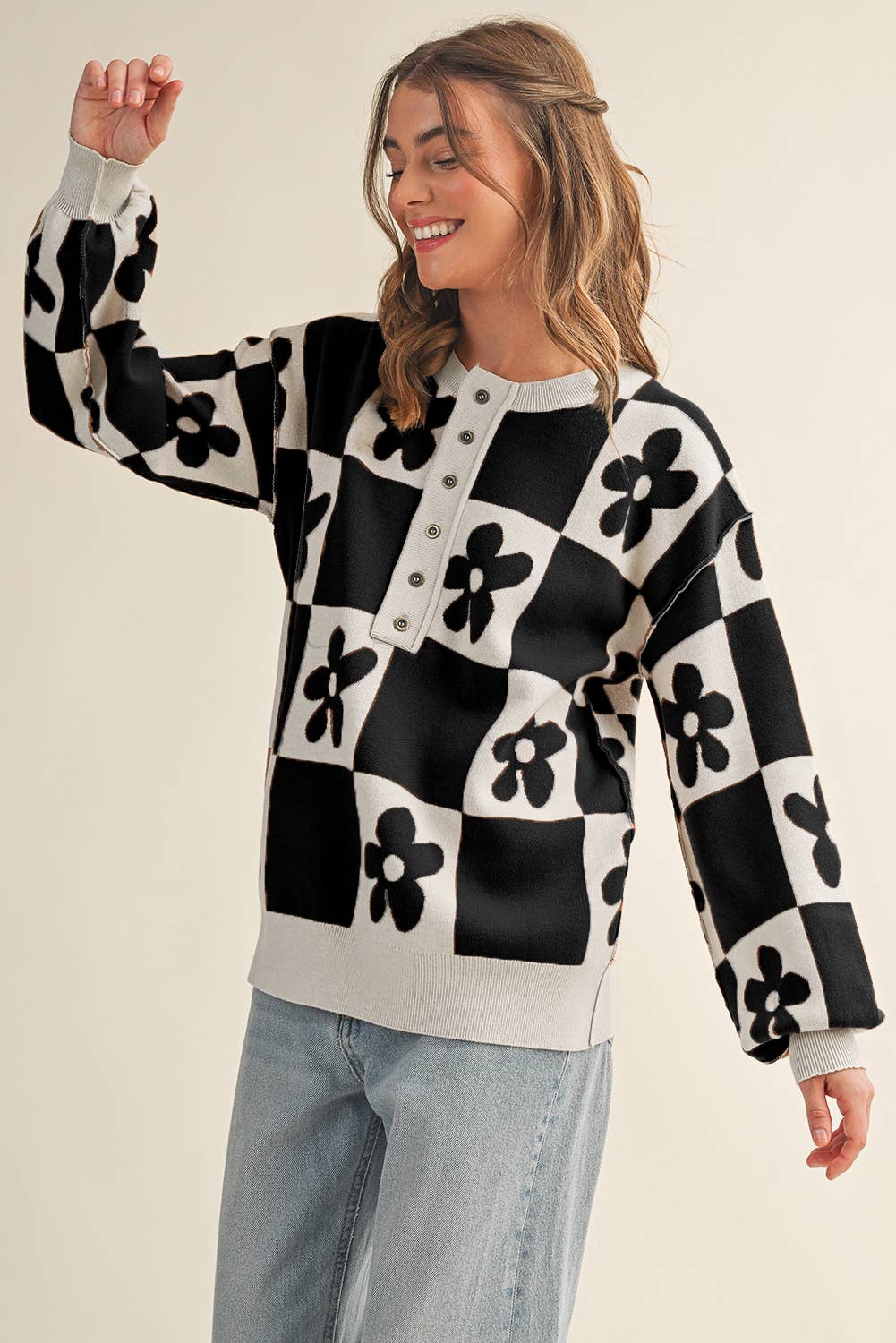 Aapparella - Vente Pull en maille – femme - Cardigan à boutons avec blocs de couleur à carreaux et fleurs | S-XL6