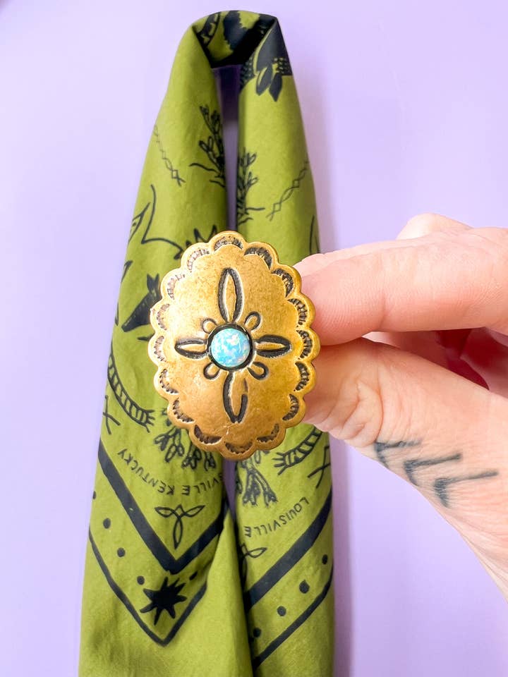 Gold Opal Concho Bandana Slide for wholesale by Velvet Outlaw