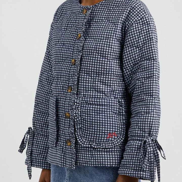 black Reversible Gingham floral ruffle trim Quilted jacket for wholesale on Faire