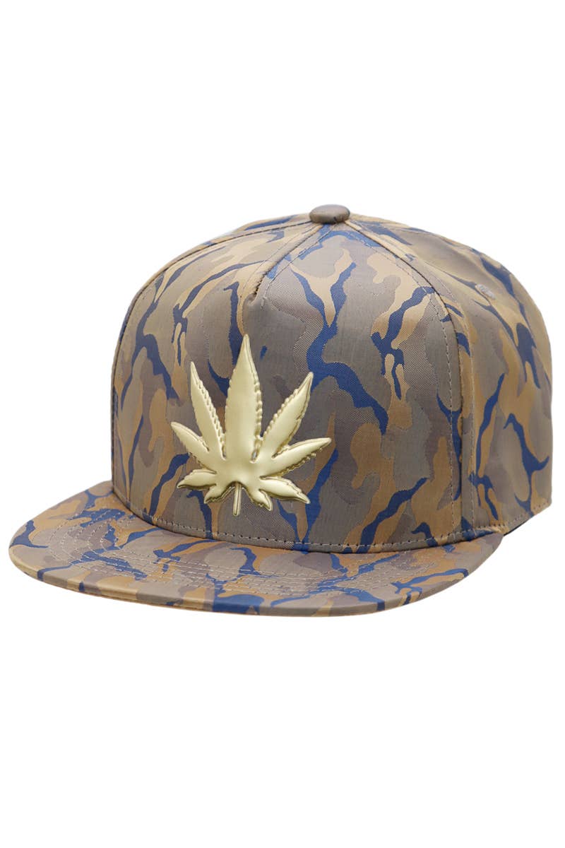 Cap Zone - Wholesale Flat Brim Cap - Men's - Gold Marijuana Leaf Embossed Camo Polyester Fabric Snapback15