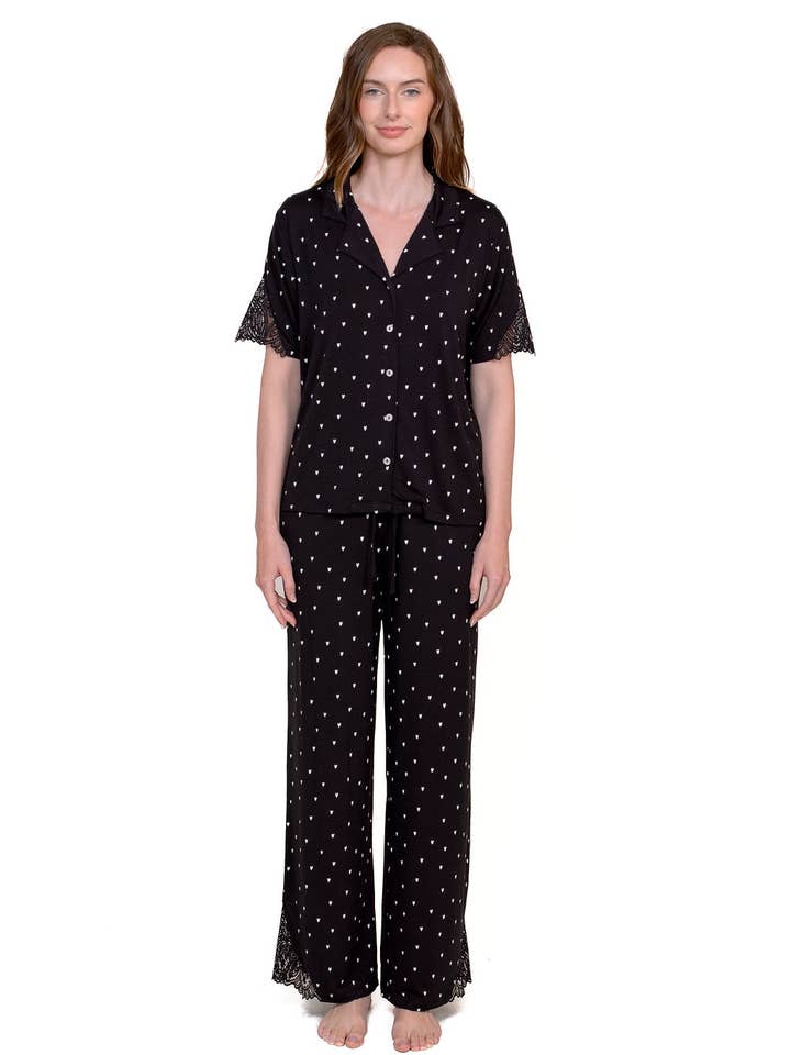 LACE SS NOTCH COLLAR & PANT SET for wholesale by LATTELOVE