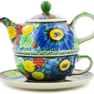 Tea Set for One 22 oz L61 Magnificent Garden Theme UNIKAT for wholesale by Polmedia Polish Pottery