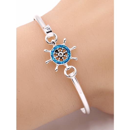 0011 PREMIERE - Wholesale Bangle Bracelet - FR2952 Glitter_Blue Captain's Ship Wheel Casting Bangle