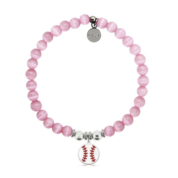 Baseball Charm with Pink Cats Eye Charity Bracelet for wholesale by H.E.L.P