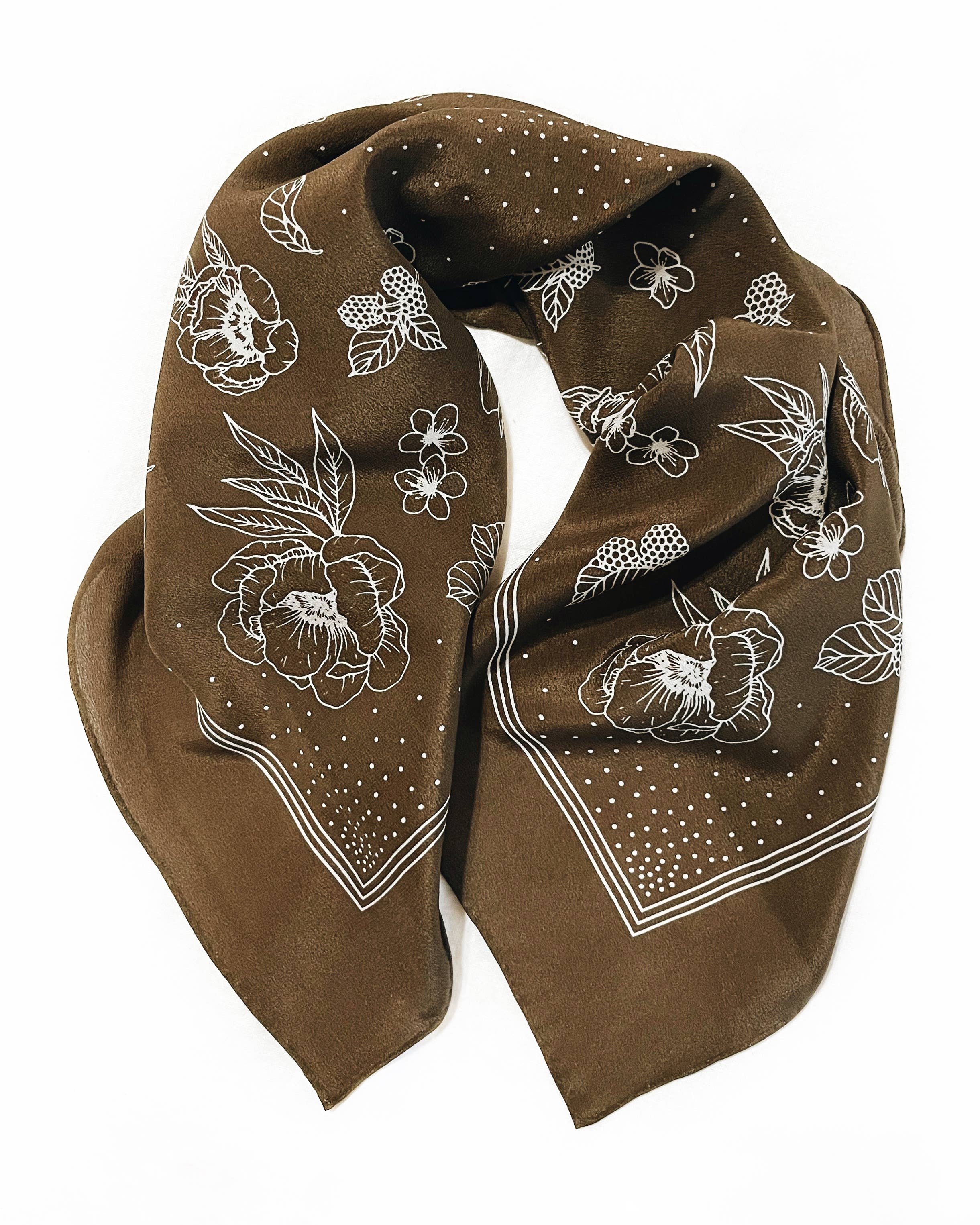 Flora West Design – wholesale Scarf – Women's – 100% Silk Bandana Scarf - Classic Deep Olive Floral Western1