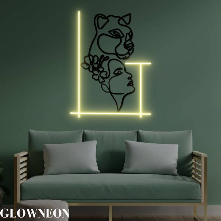 Panther Girl Väggkonst Ledljus, Sexig Tjejansikte One Line Art för wholesale av Glow Neon