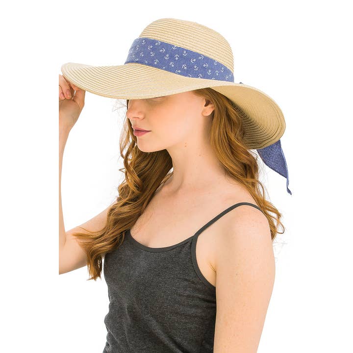 Cap Zone - Wholesale Straw Hat - Women's - Anchor Bow Chiffon Band Floppy Paper Straw Sun Hat1