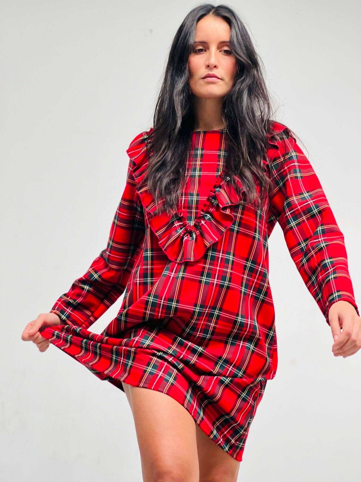 Red Scottish V-neck Ruffle Dress for wholesale on Faire