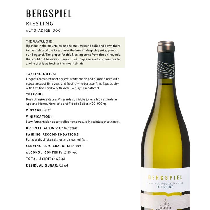 Metina SAS - Vendita all'ingrosso Vino bianco - Bergspiel Riesling Alto Adige DOC Cantina San Paolo 75 cl.3