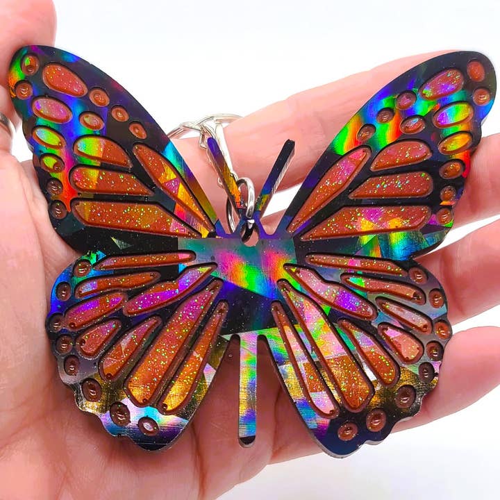 Holographic Eco-Friendly Epoxy Resin Butterfly Key Chain for wholesale by Slightly Askew Art