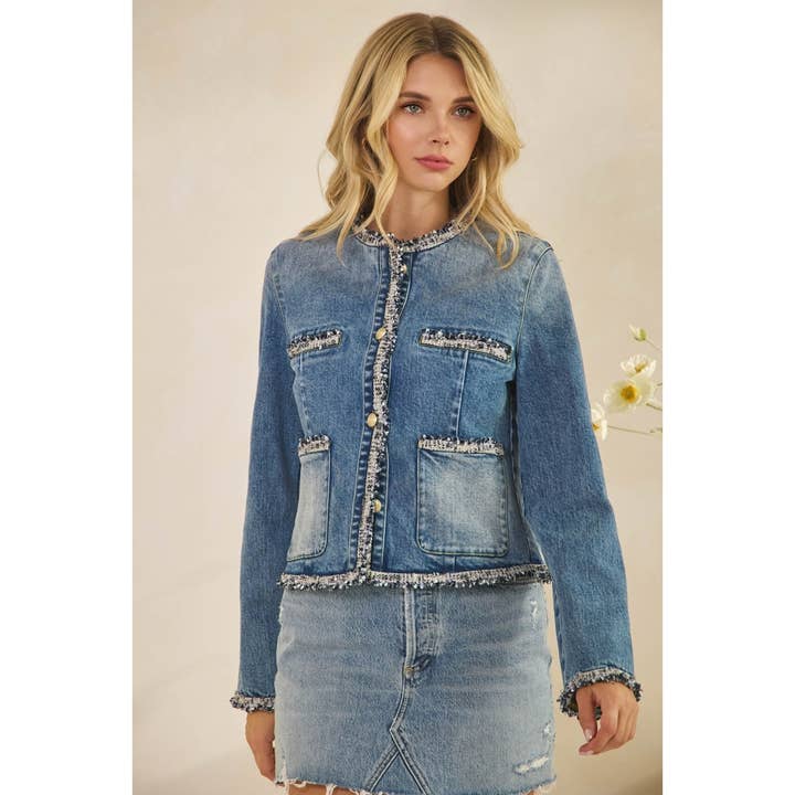 Med Wash Tweed Trimmed Front Pocket Denim Jacket for wholesale on Faire15