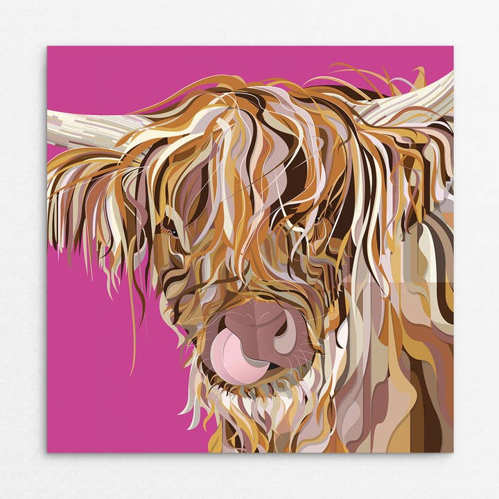 'Cheeky Cow' Highland Cow Greetings card - fuchsia for wholesale by Rachel Hunt Illustration