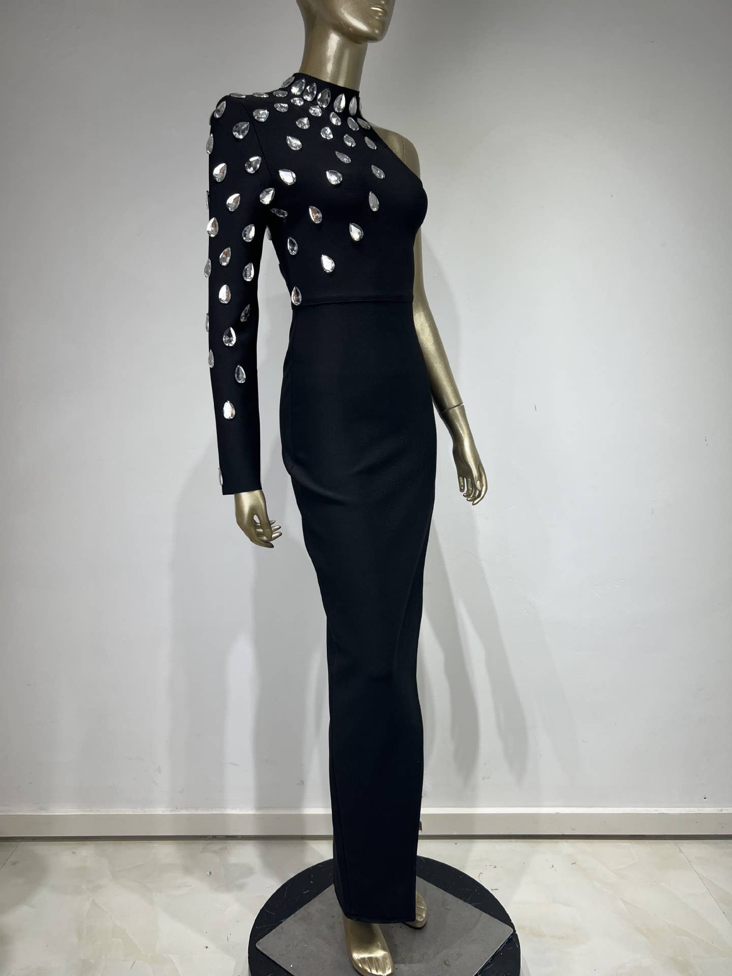 Black DR072 Glam One-Shoulder Rhinestone Bandage Dress for wholesale on Faire4
