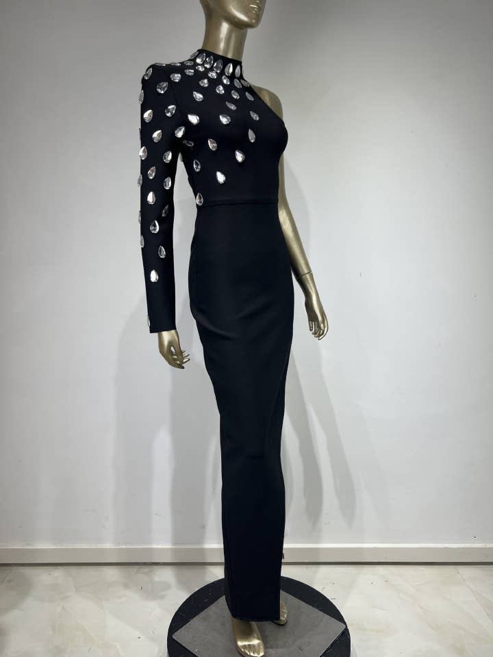 Black DR072 Glam One-Shoulder Rhinestone Bandage Dress for wholesale on Faire4