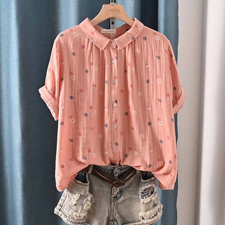 Whisper Mint – Engroshandel Skjorte med buttondown – til kvinder – Kortærmet skjorte med krave og print i dobbeltlags bomuldsgaze0