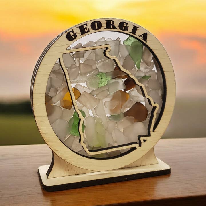 Présentoir en boîte vitrée avec verre de mer rond de Géorgie, grand pour la vente par Sea Glass Displays
