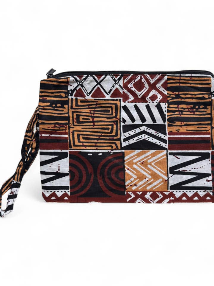 Neceser de maquillaje / Estuche para lápices / Bolsa de cosméticos / Monedero de estampado africano - Mosaico Bogolan marrón para venta al por mayor de AfricanFabs