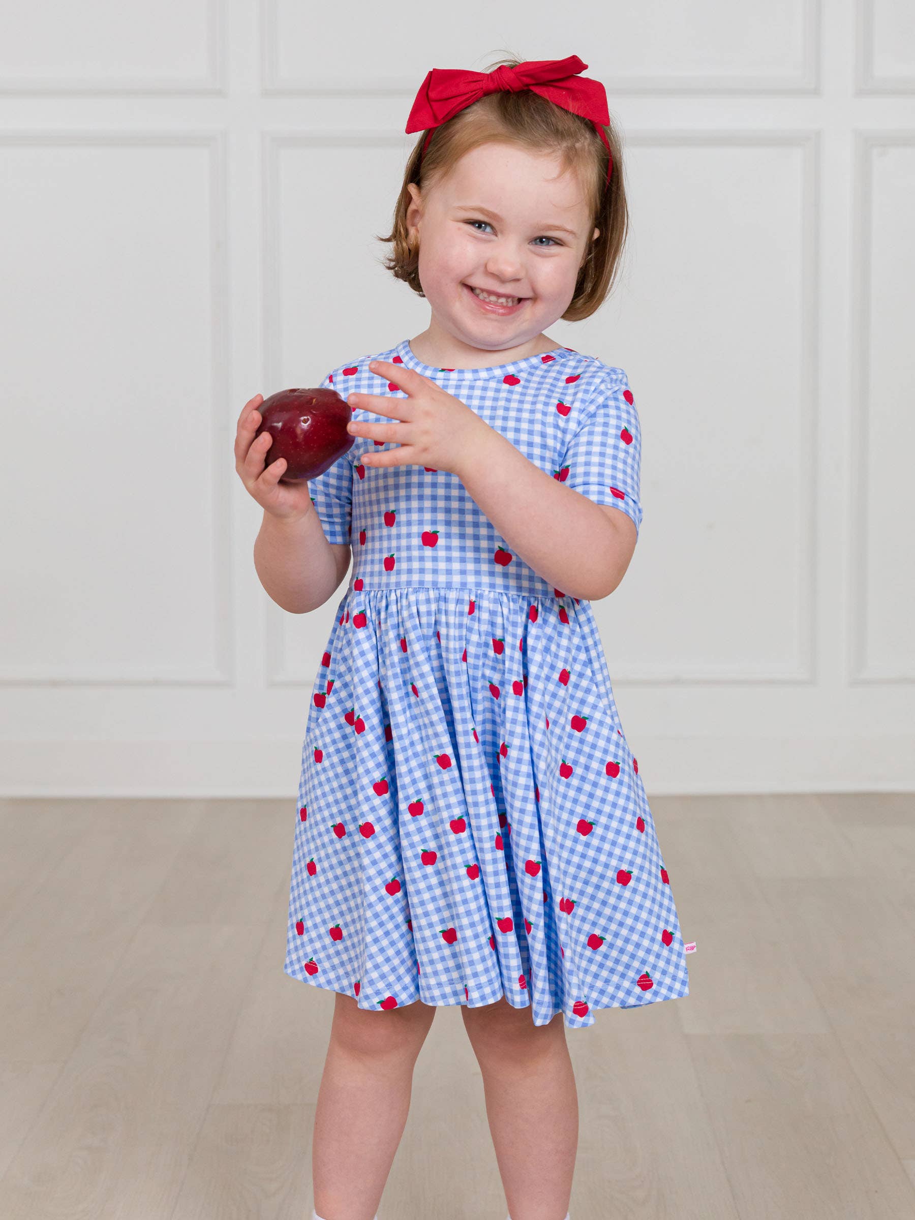 Blue Girls Apple Orchard Gingham Short Sleeve Knit Twirl Dress for wholesale on Faire1