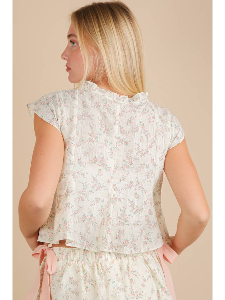 VERY J - Wholesale Blouse - Women's - NT12162-Floral Printed Front Bow Blouse Top